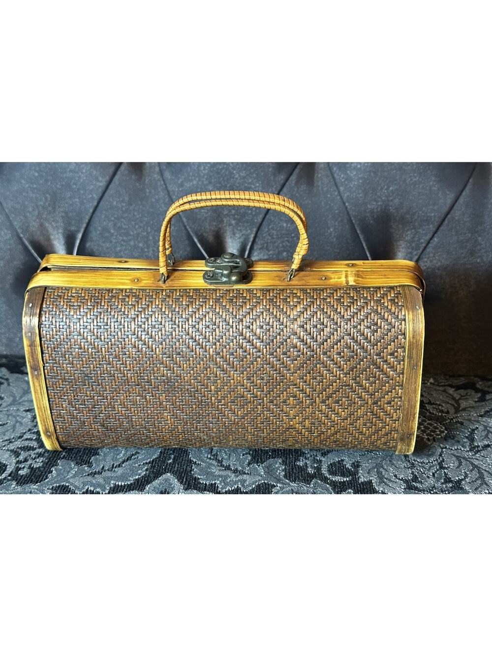 Vintage Hard Wood Shell Woven Brown Purse Hand Bag Ethnic Handmade Boho Coastal